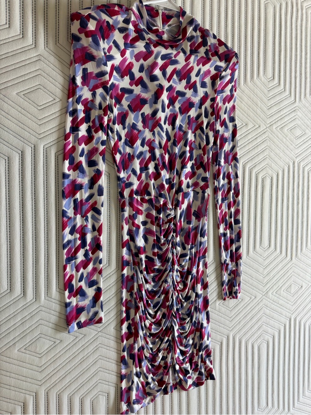 Abstract Brushstroke Ruched Long Sleeve Dress in White, Pink & Blue